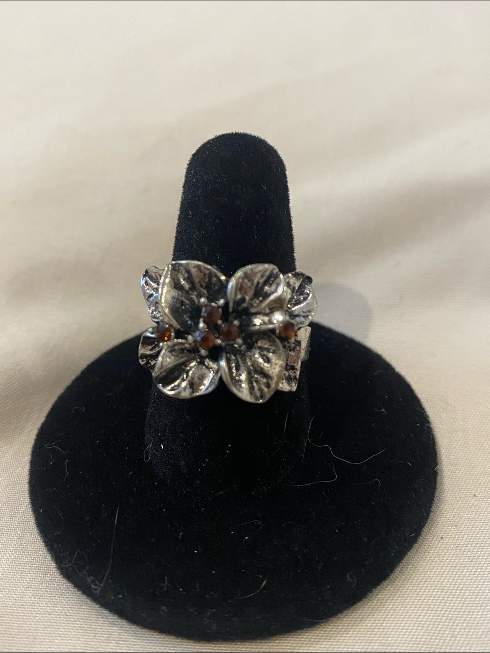 Silver Floral Statement Ring with Amber Accent Stones